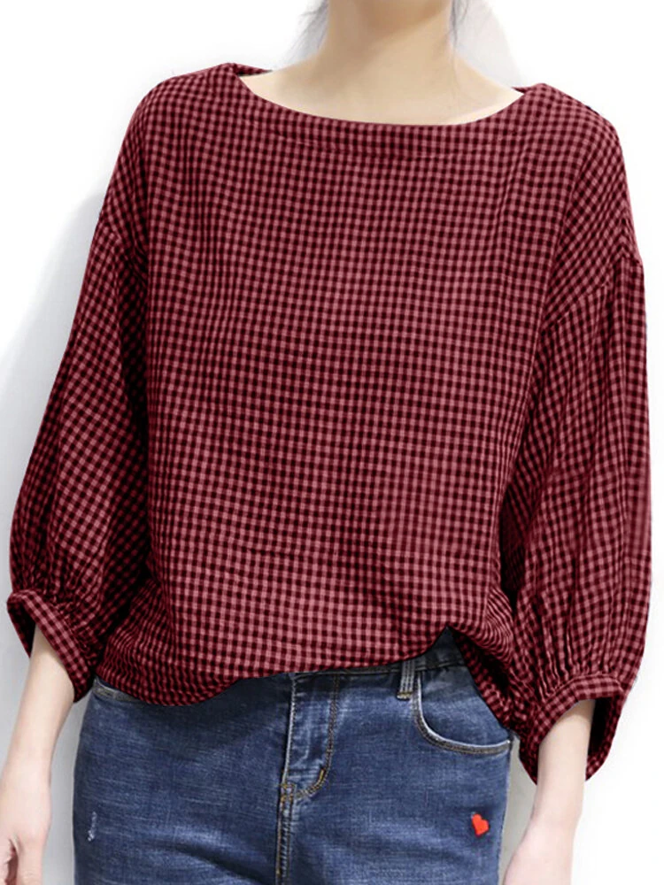 (image for) Check Pattern Puff Sleeve Crew Neck Casual Blouse