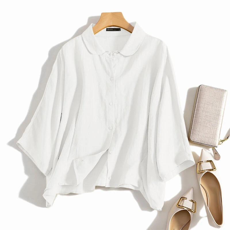 (image for) ZANZEA Cotton Solid Button Lapel Ruched Casual Blouse