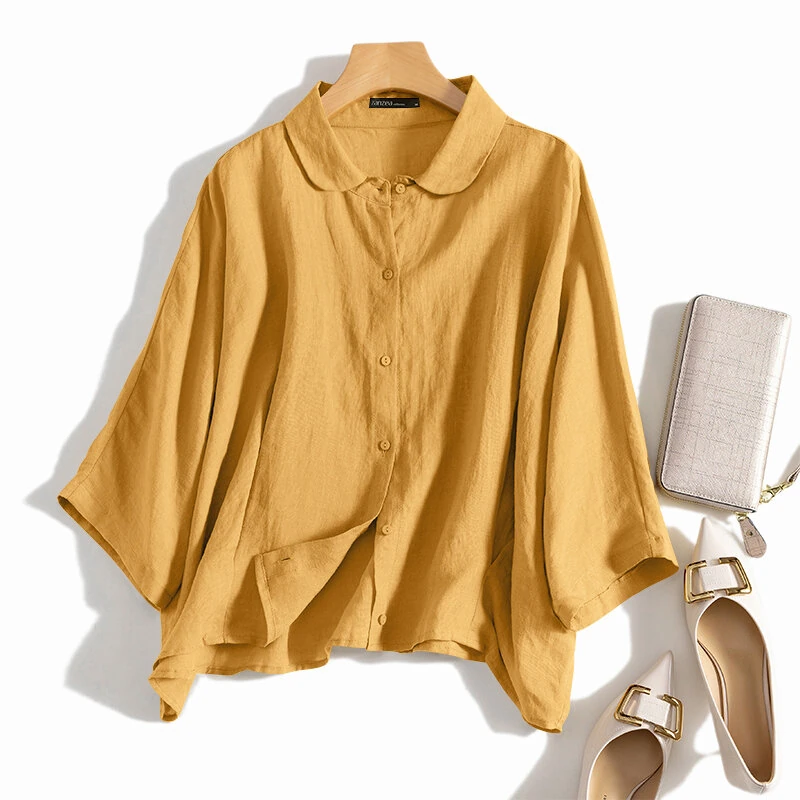 (image for) ZANZEA Cotton Solid Button Lapel Ruched Casual Blouse