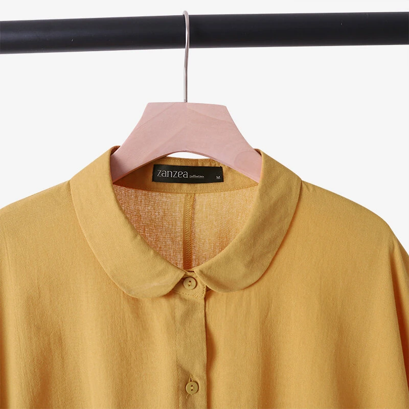 (image for) ZANZEA Cotton Solid Button Lapel Ruched Casual Blouse